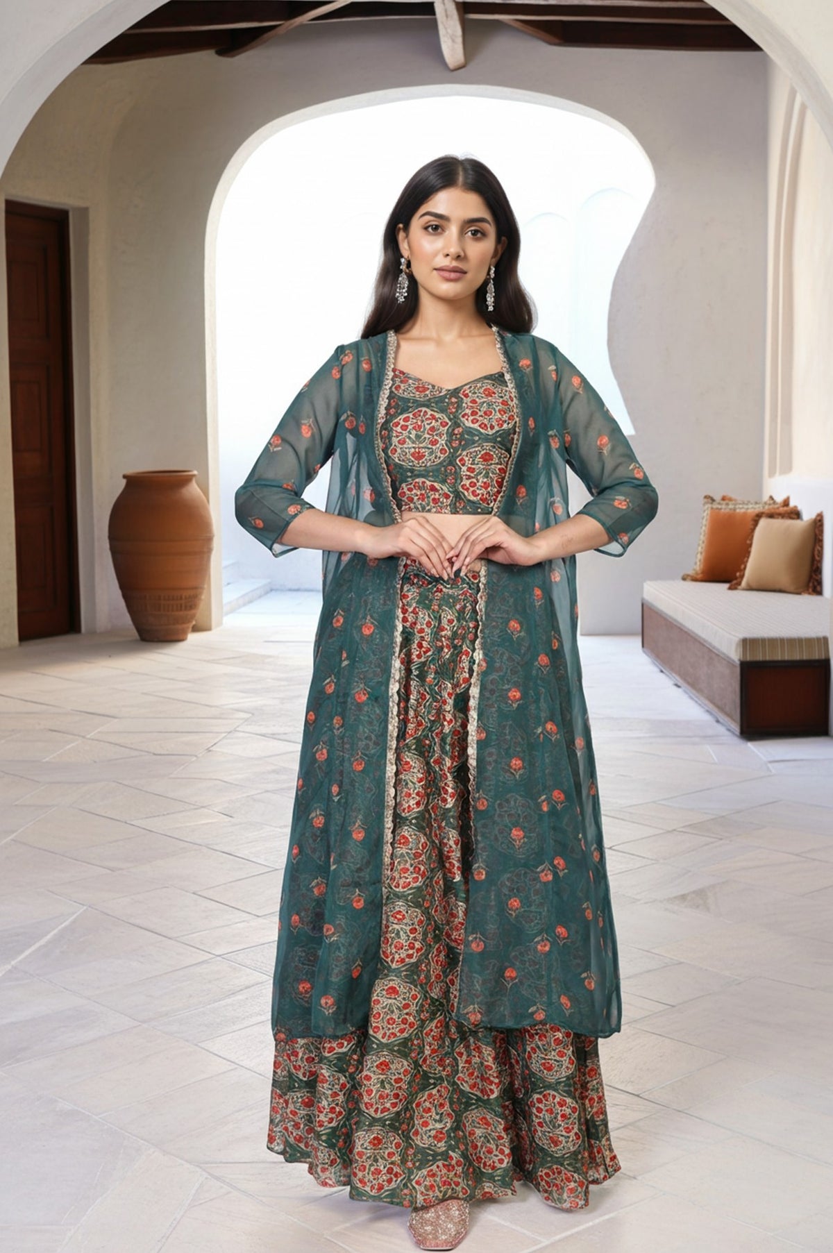 Green Floral Printed Lace Trim Organza Top with Skirt and Gillet Set - S