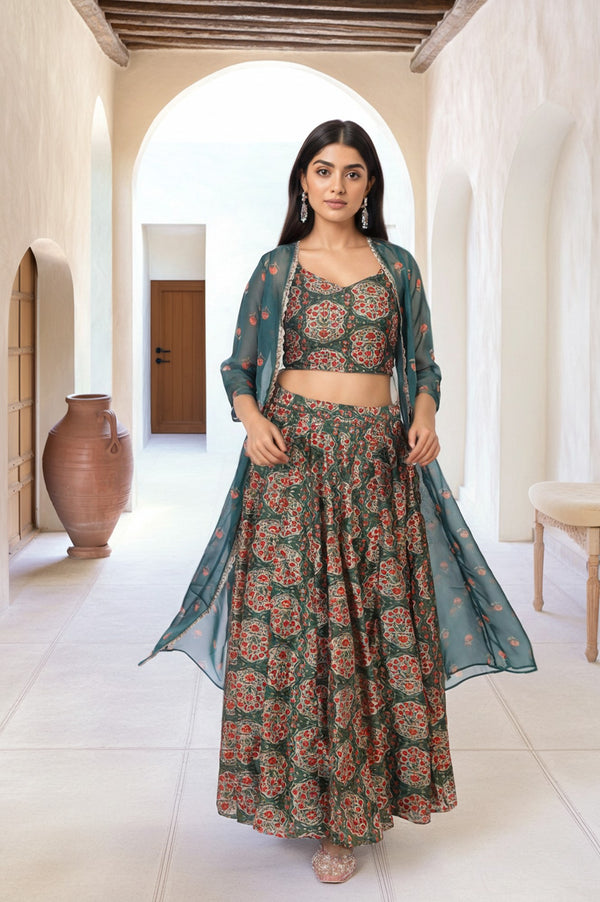 Green Floral Printed Lace Trim Organza Top with Skirt and Gillet Set