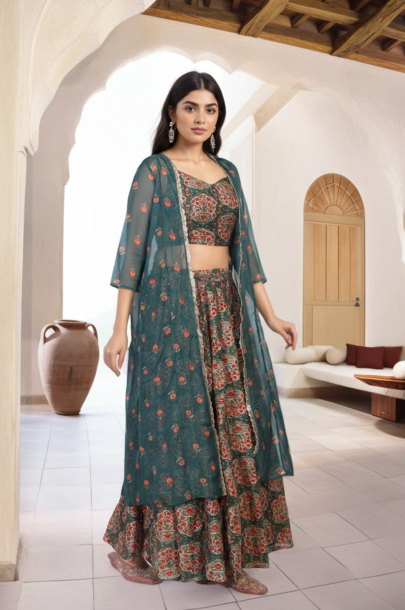 Green Floral Printed Lace Trim Organza Top with Skirt and Gillet Set