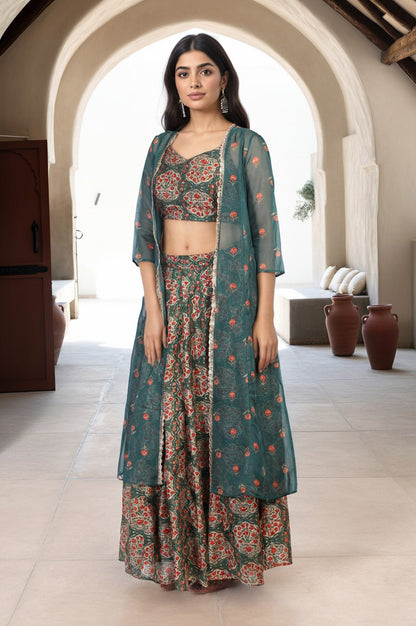 Green Floral Printed Lace Trim Organza Top with Skirt and Gillet Set