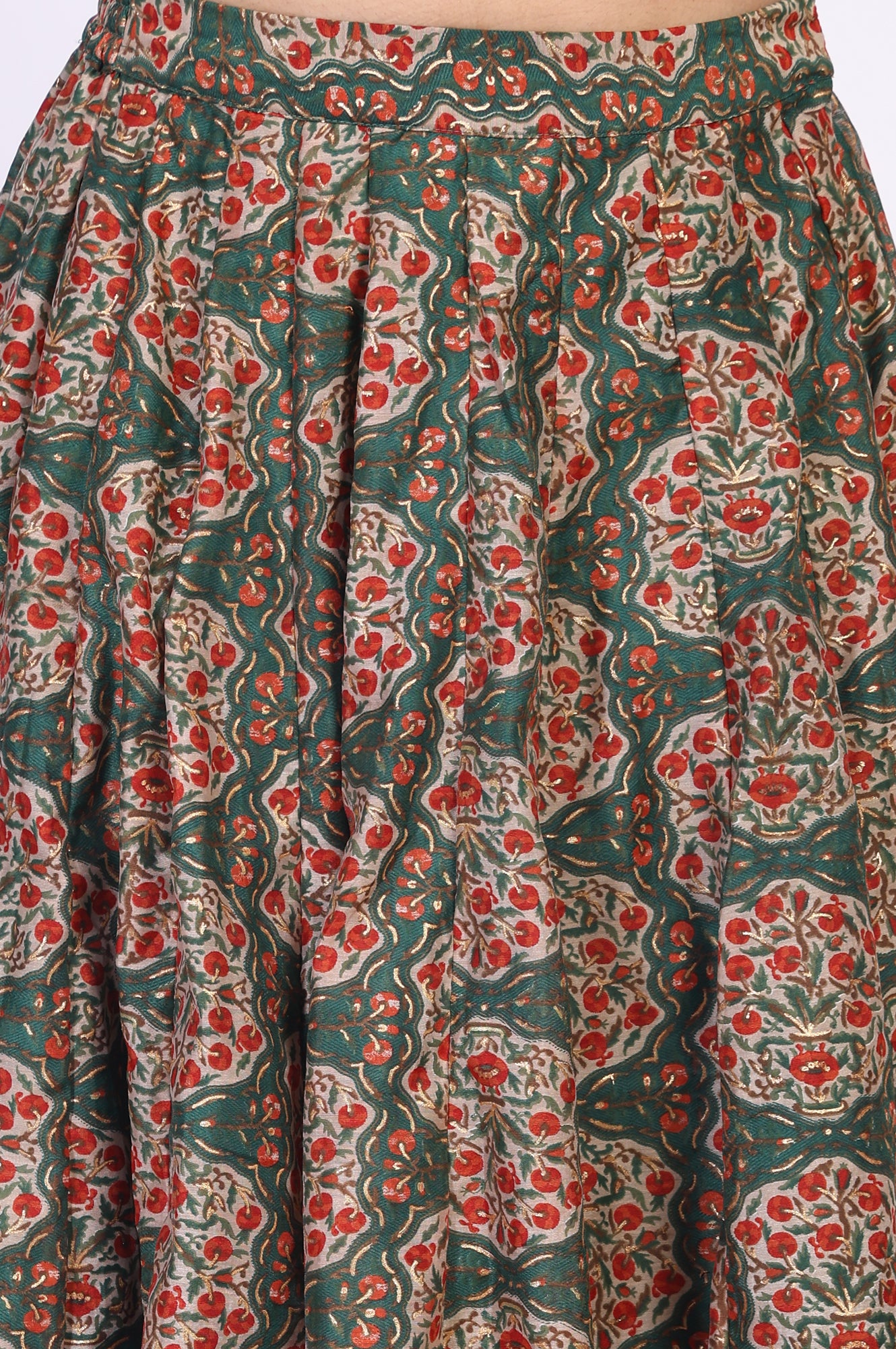 Green Floral Printed Lace Trim Organza Top with Skirt and Gillet Set