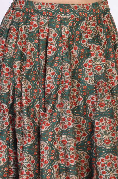 Green Floral Printed Lace Trim Organza Top with Skirt and Gillet Set