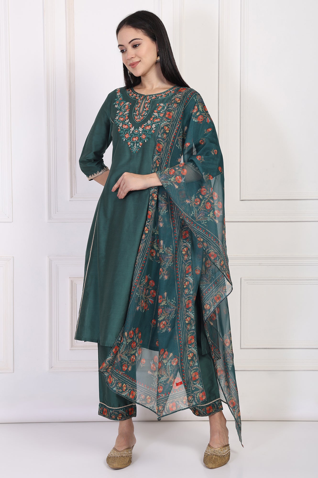 Green Embroidered A-Line Silk Kurta with Straight Pant and Dupatta Set