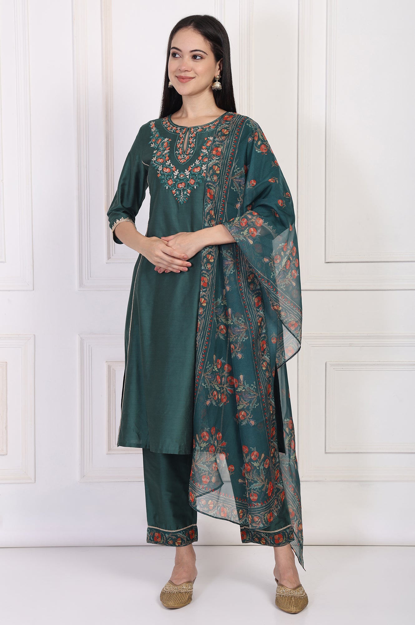 Green Embroidered A-Line Silk Kurta with Straight Pant and Dupatta Set