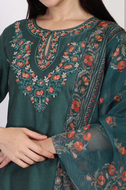 Green Embroidered A-Line Silk Kurta with Straight Pant and Dupatta Set