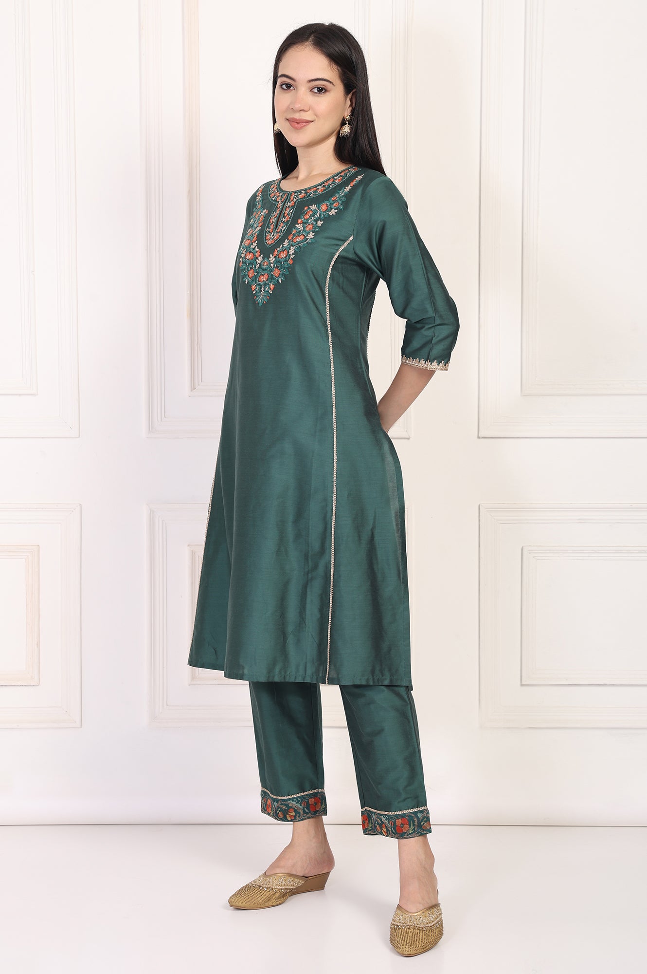 Green Embroidered A-Line Silk Kurta with Straight Pant and Dupatta Set