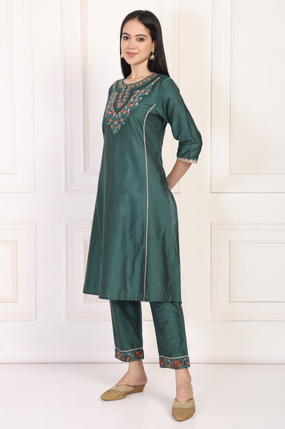 Green Embroidered A-Line Silk Kurta with Straight Pant and Dupatta Set