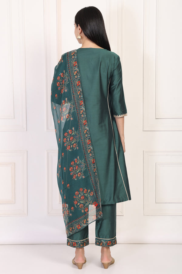 Green Embroidered A-Line Silk Kurta with Straight Pant and Dupatta Set