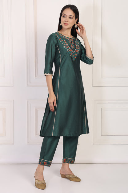 Green Embroidered A-Line Silk Kurta with Straight Pant and Dupatta Set