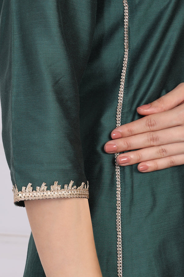 Green Embroidered A-Line Silk Kurta with Straight Pant and Dupatta Set