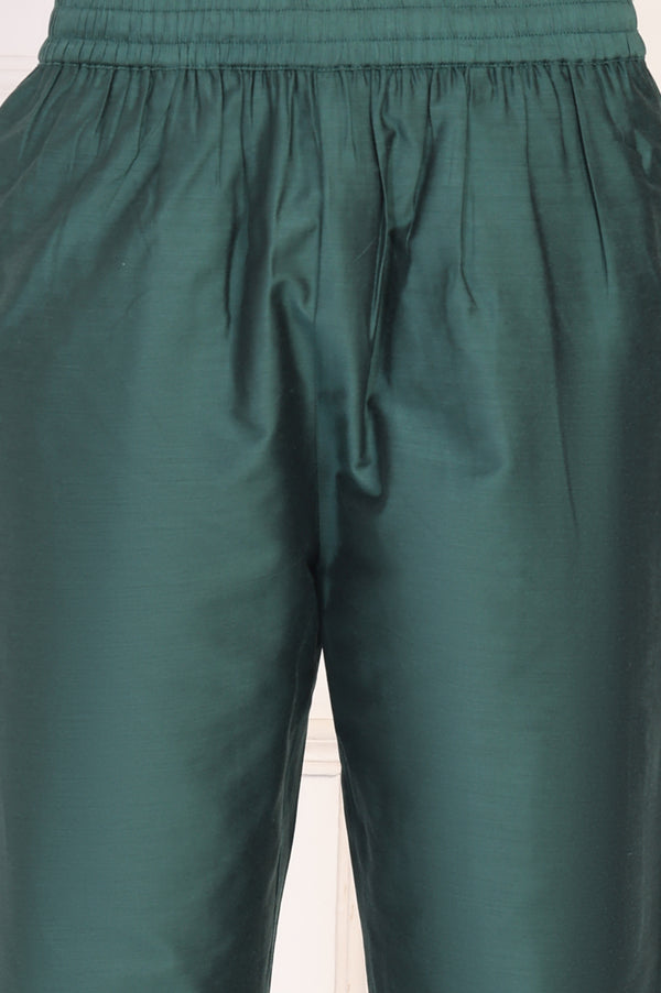 Green Embroidered A-Line Silk Kurta with Straight Pant and Dupatta Set
