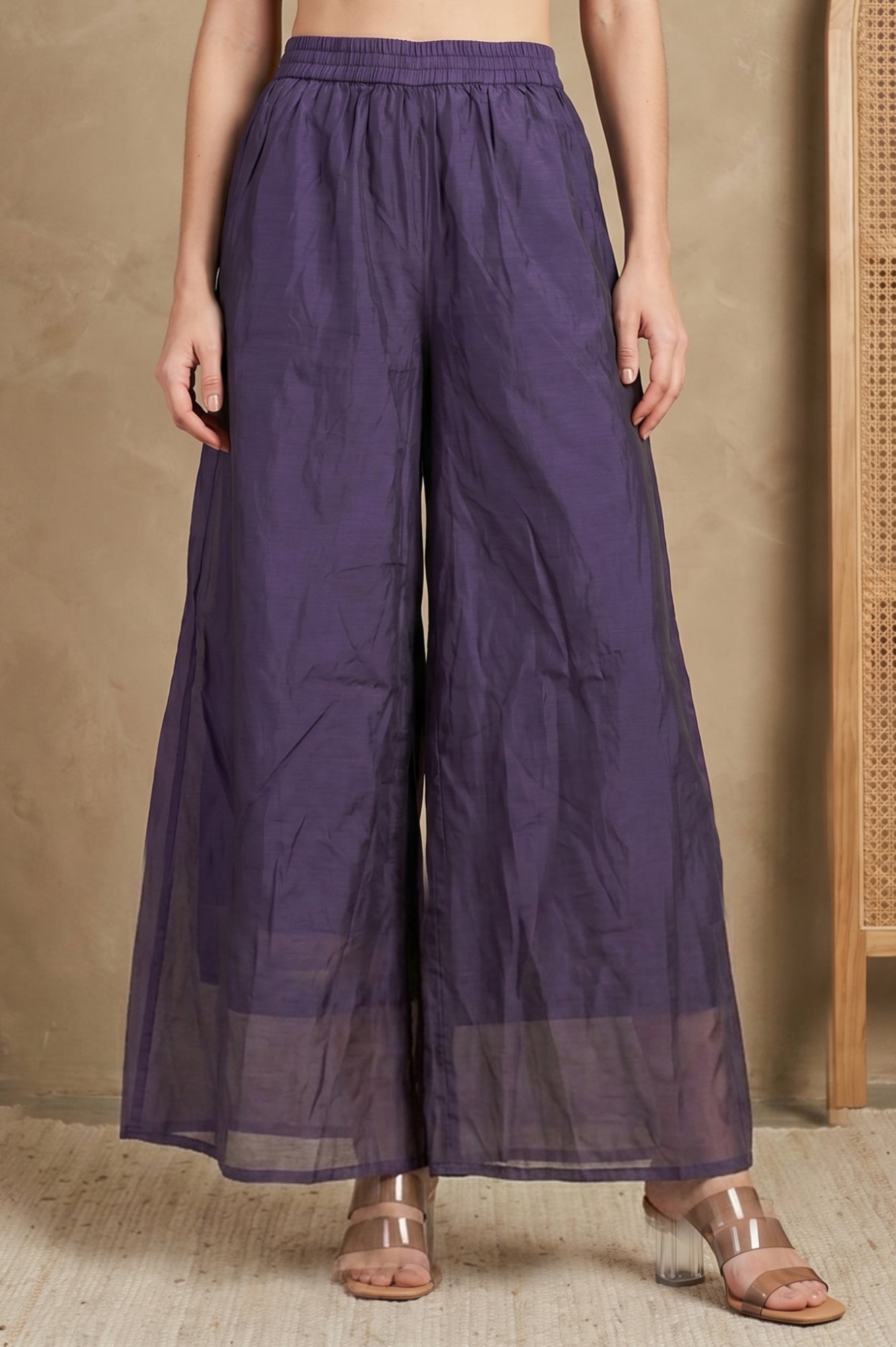 Purple Solid Chanderi Wide Leg Ankle Length Pants