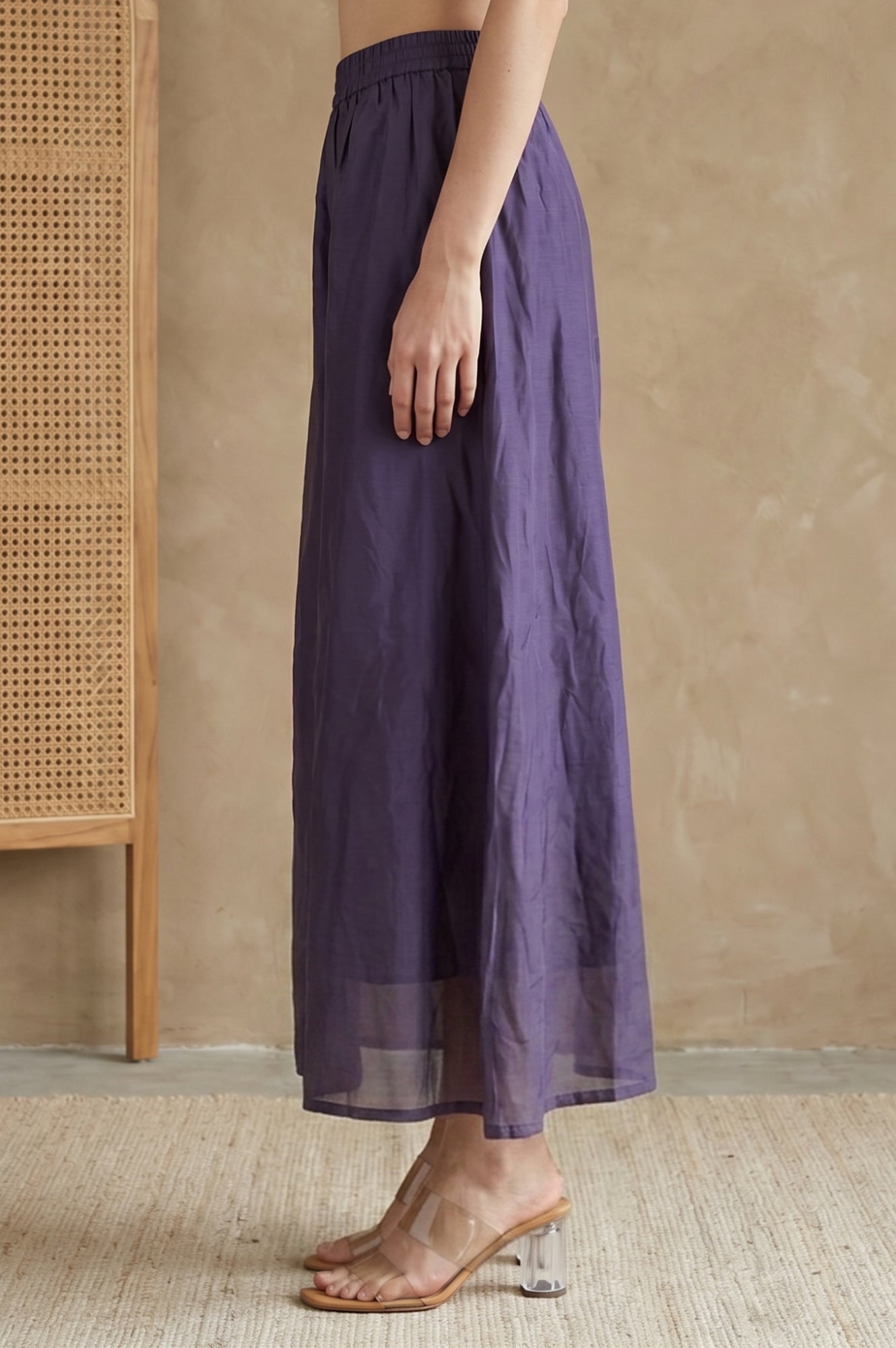 Purple Solid Chanderi Wide Leg Ankle Length Pants
