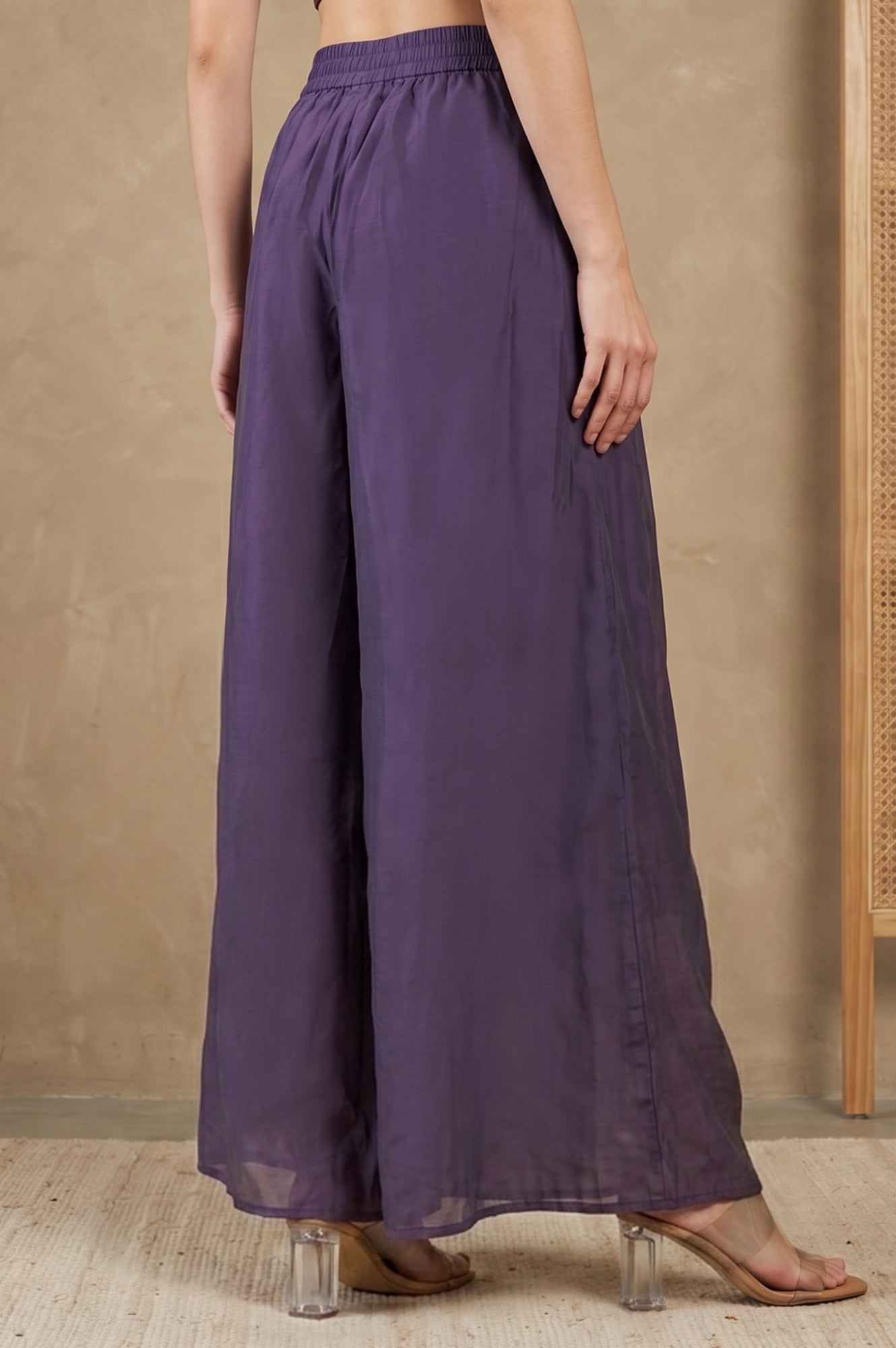 Purple Solid Chanderi Wide Leg Ankle Length Pants