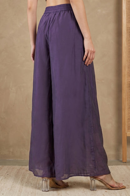 Purple Solid Chanderi Wide Leg Ankle Length Pants