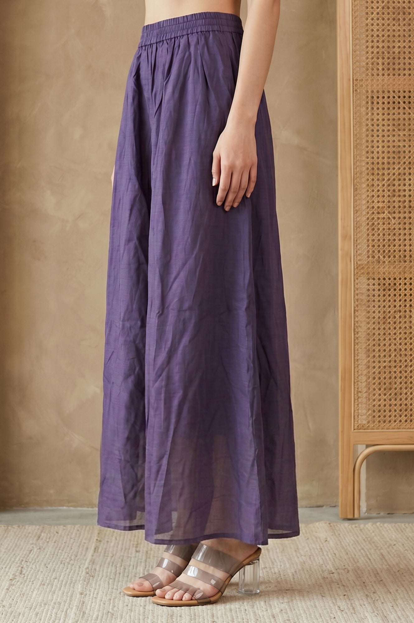 Purple Solid Chanderi Wide Leg Ankle Length Pants