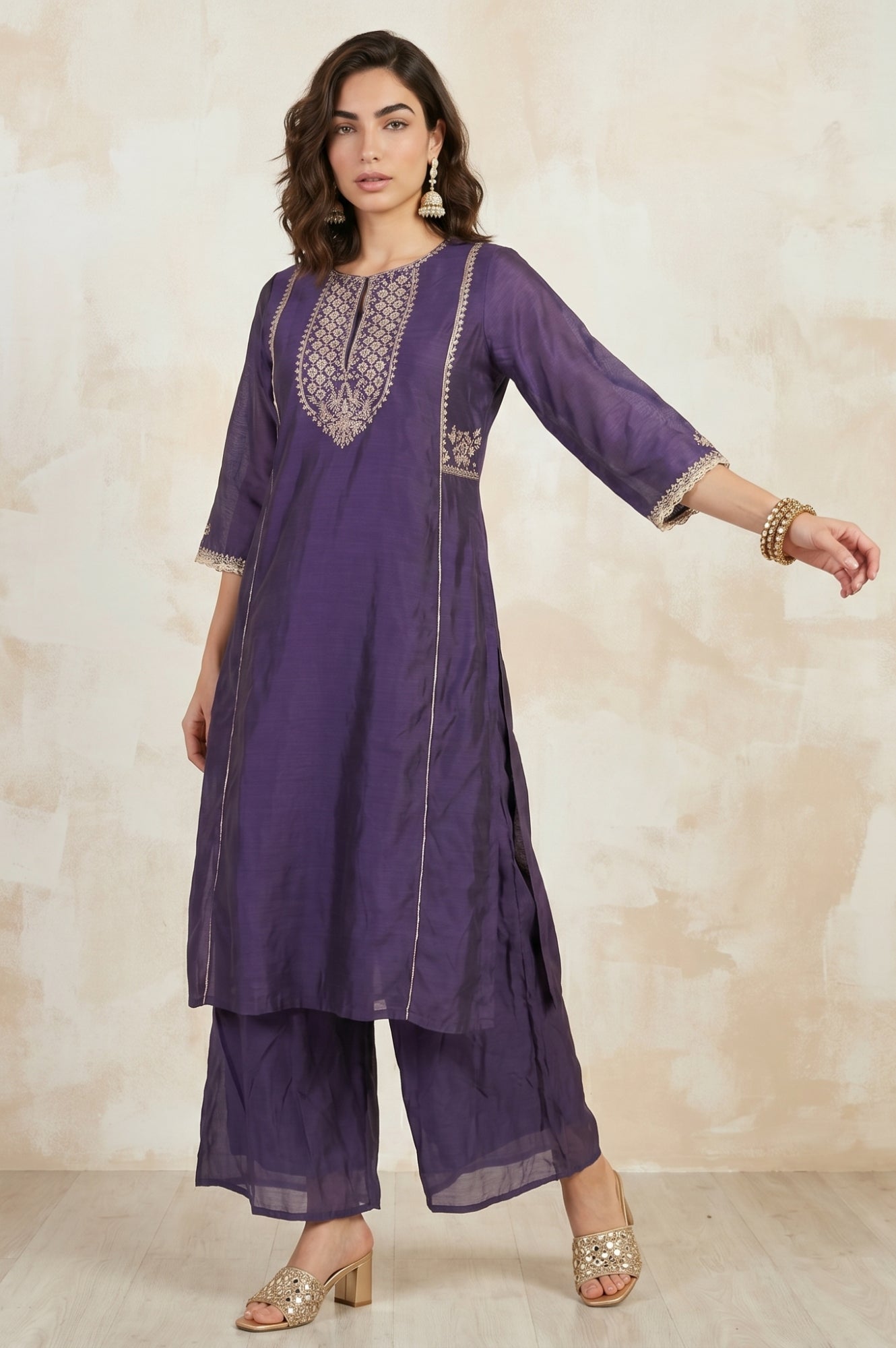 Purple Solid Chanderi Wide Leg Ankle Length Pants
