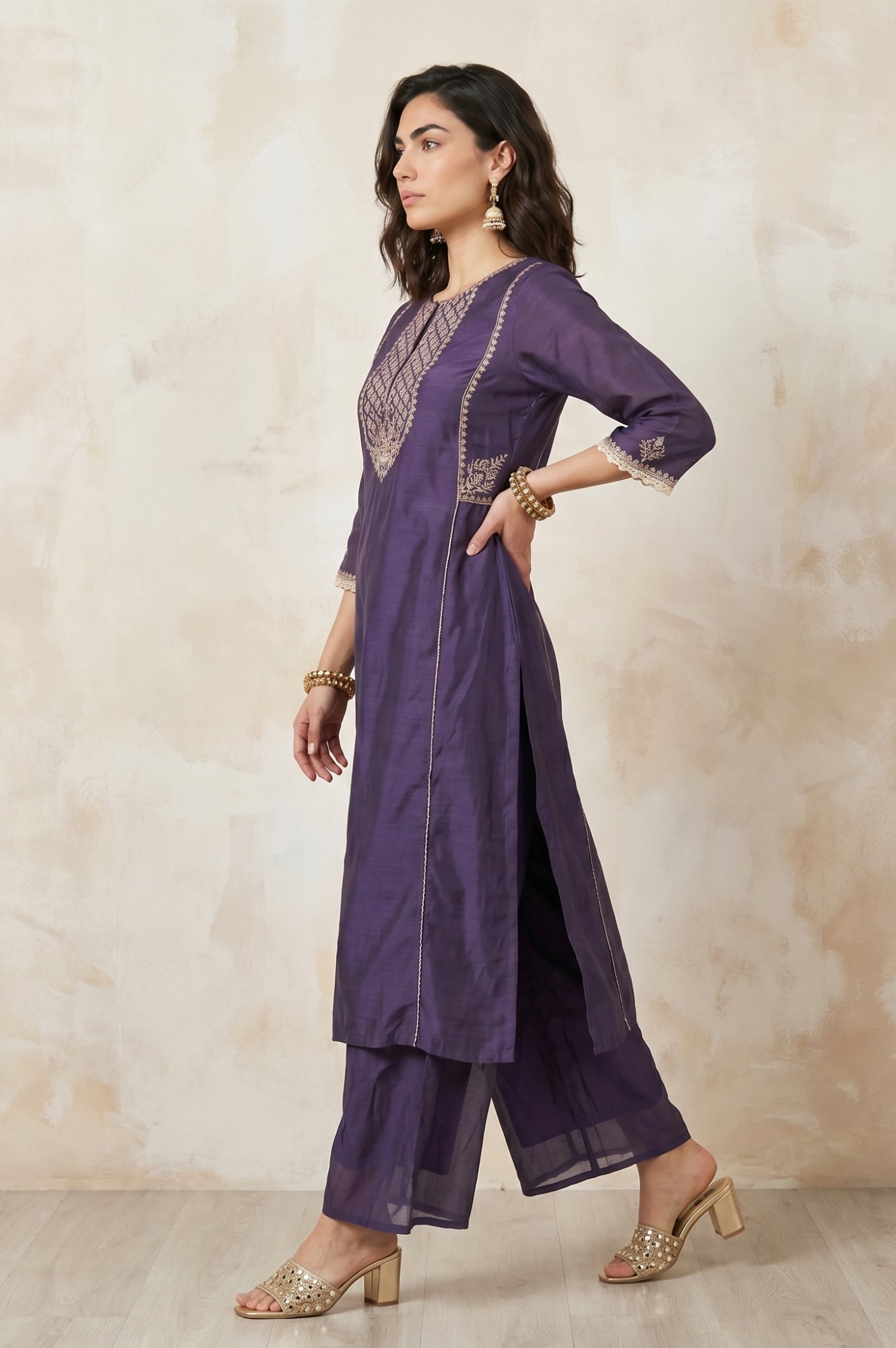 Purple Sequins Chanderi Straight Kurta