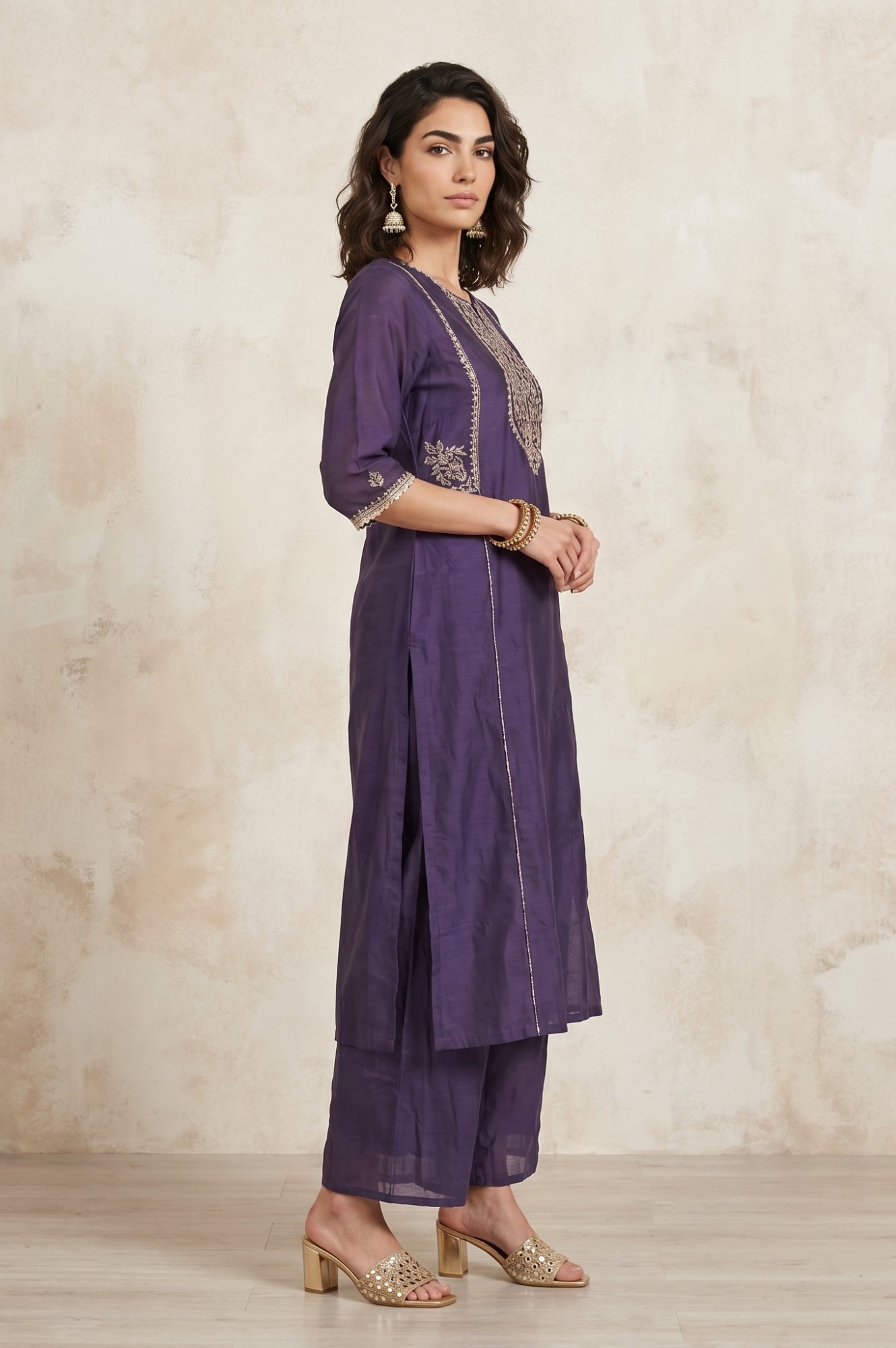 Purple Sequins Chanderi Straight Kurta