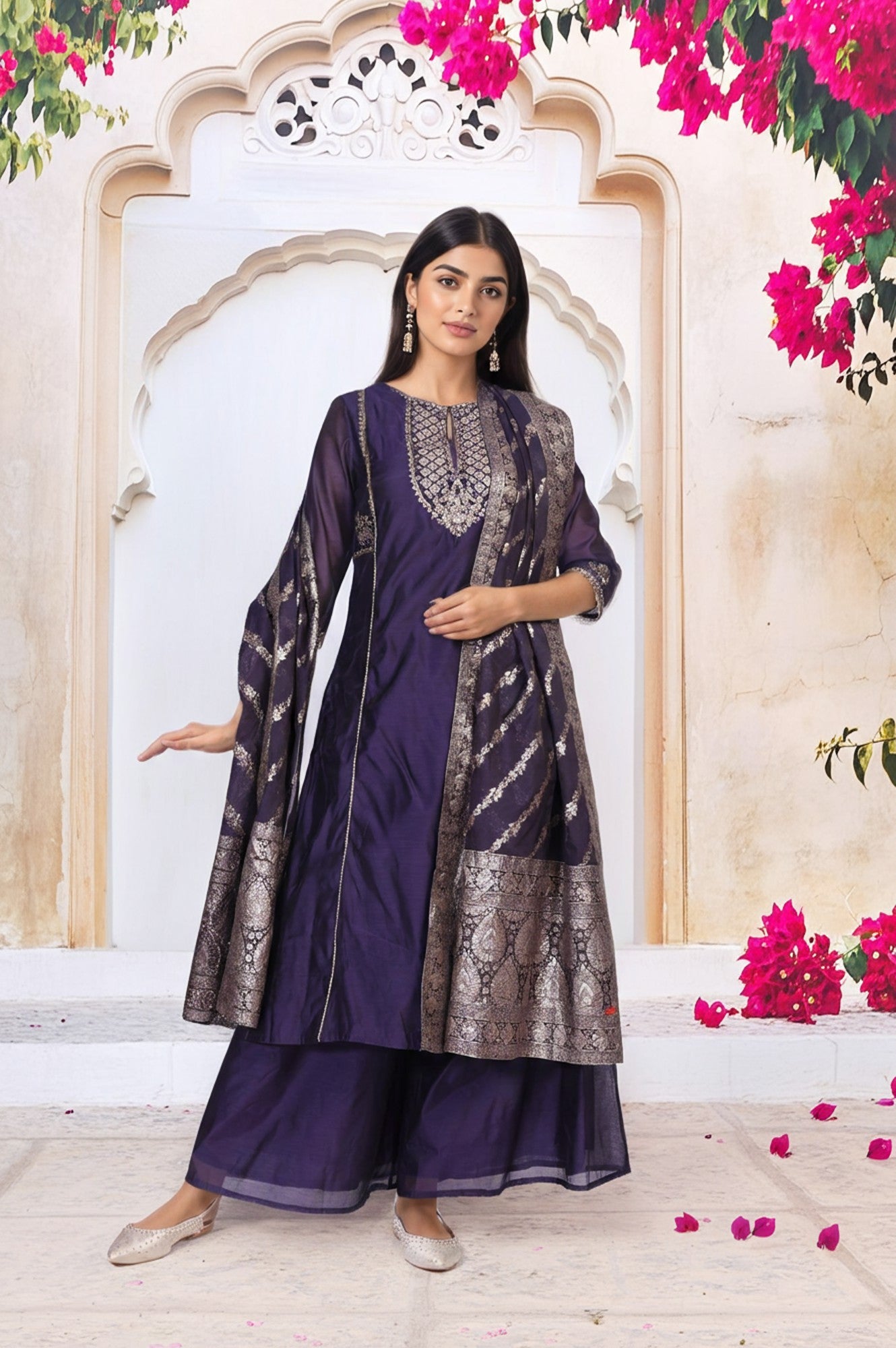 Purple Embroidered A-Line Chanderi Kurta with Flared Pant and Dupatta Set