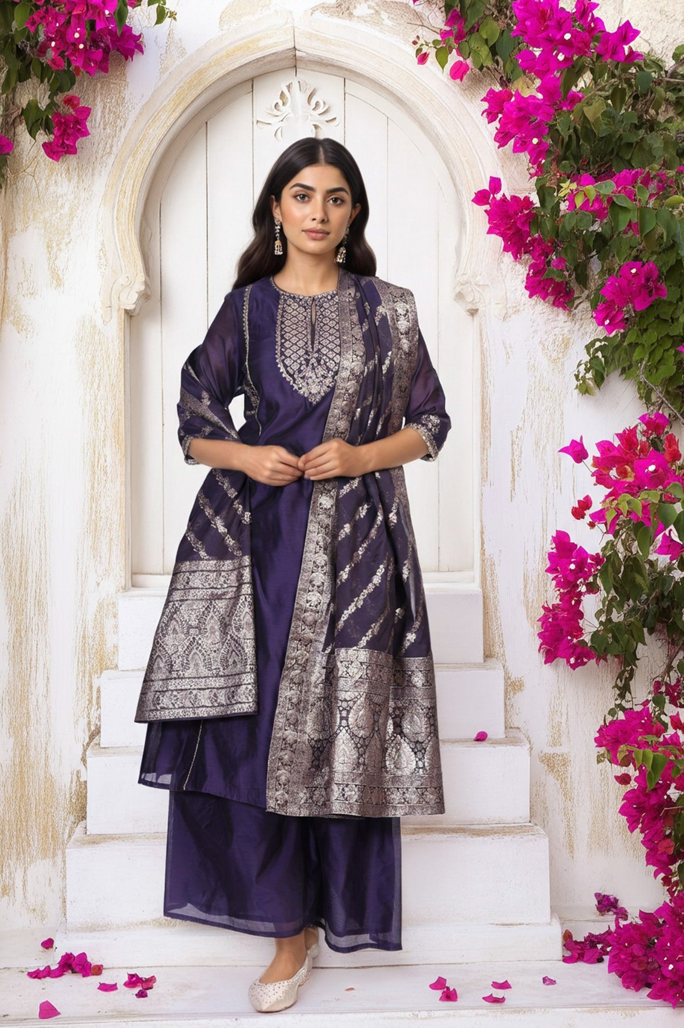 Purple Embroidered A-Line Chanderi Kurta with Flared Pant and Dupatta Set