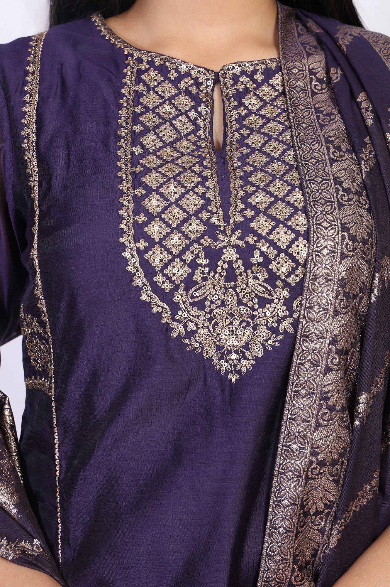 Purple Embroidered A-Line Chanderi Kurta with Flared Pant and Dupatta Set