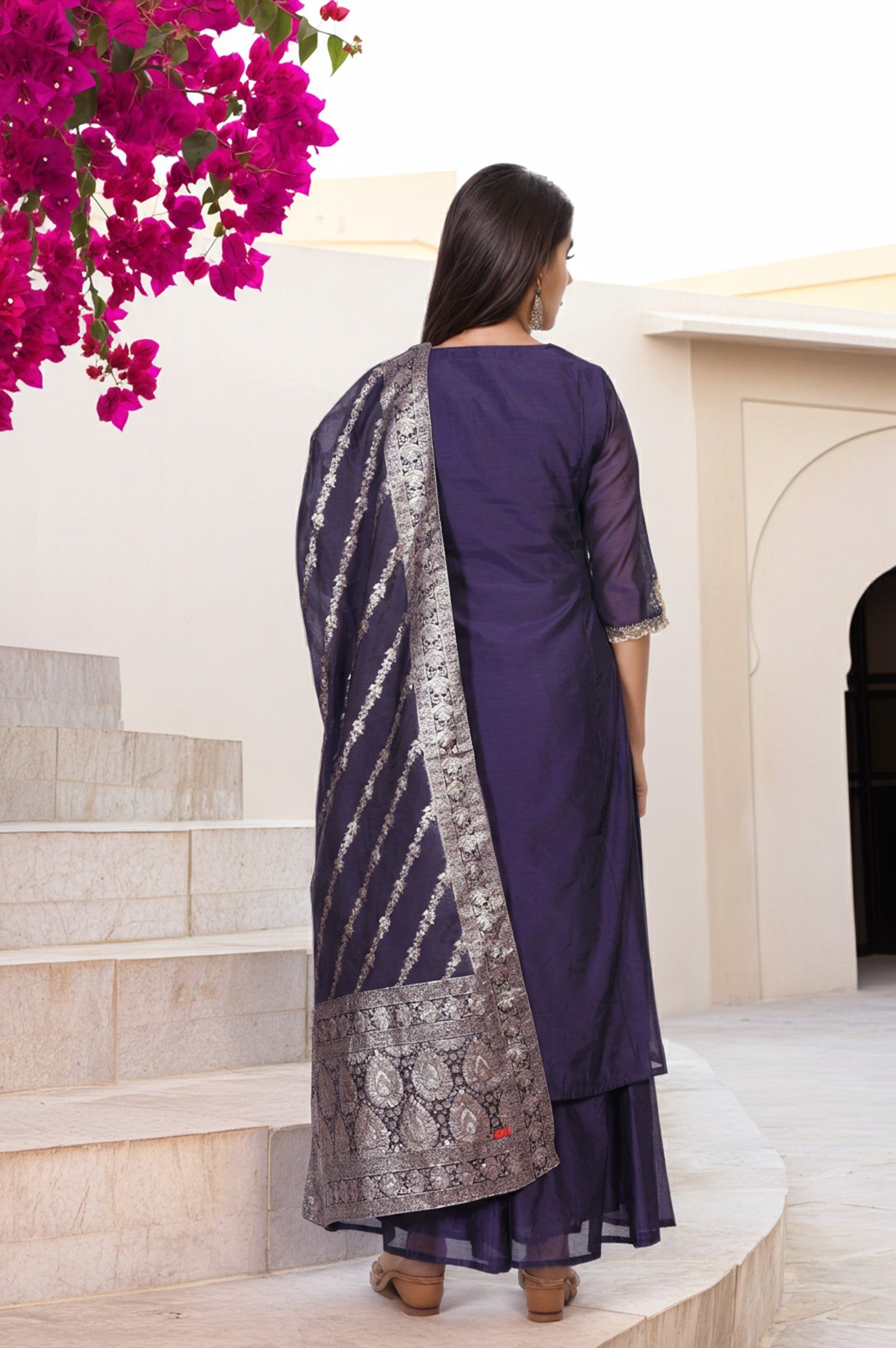 Purple Embroidered A-Line Chanderi Kurta with Flared Pant and Dupatta Set