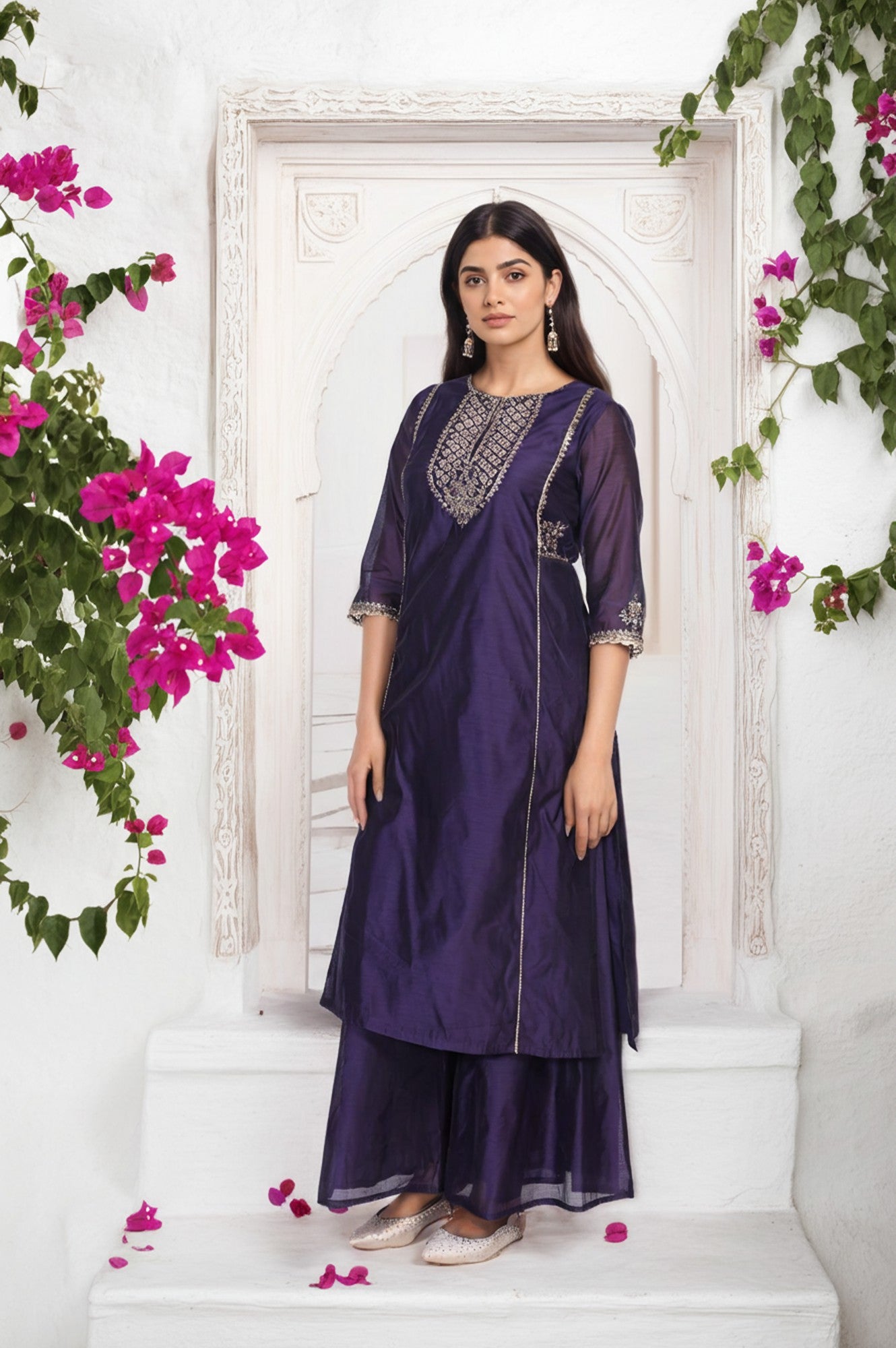 Purple Embroidered A-Line Chanderi Kurta with Flared Pant and Dupatta Set