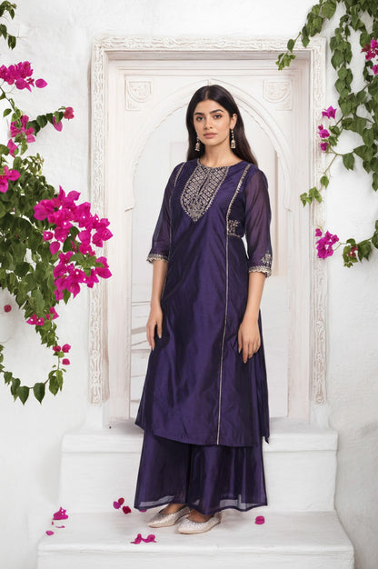 Purple Embroidered A-Line Chanderi Kurta with Flared Pant and Dupatta Set