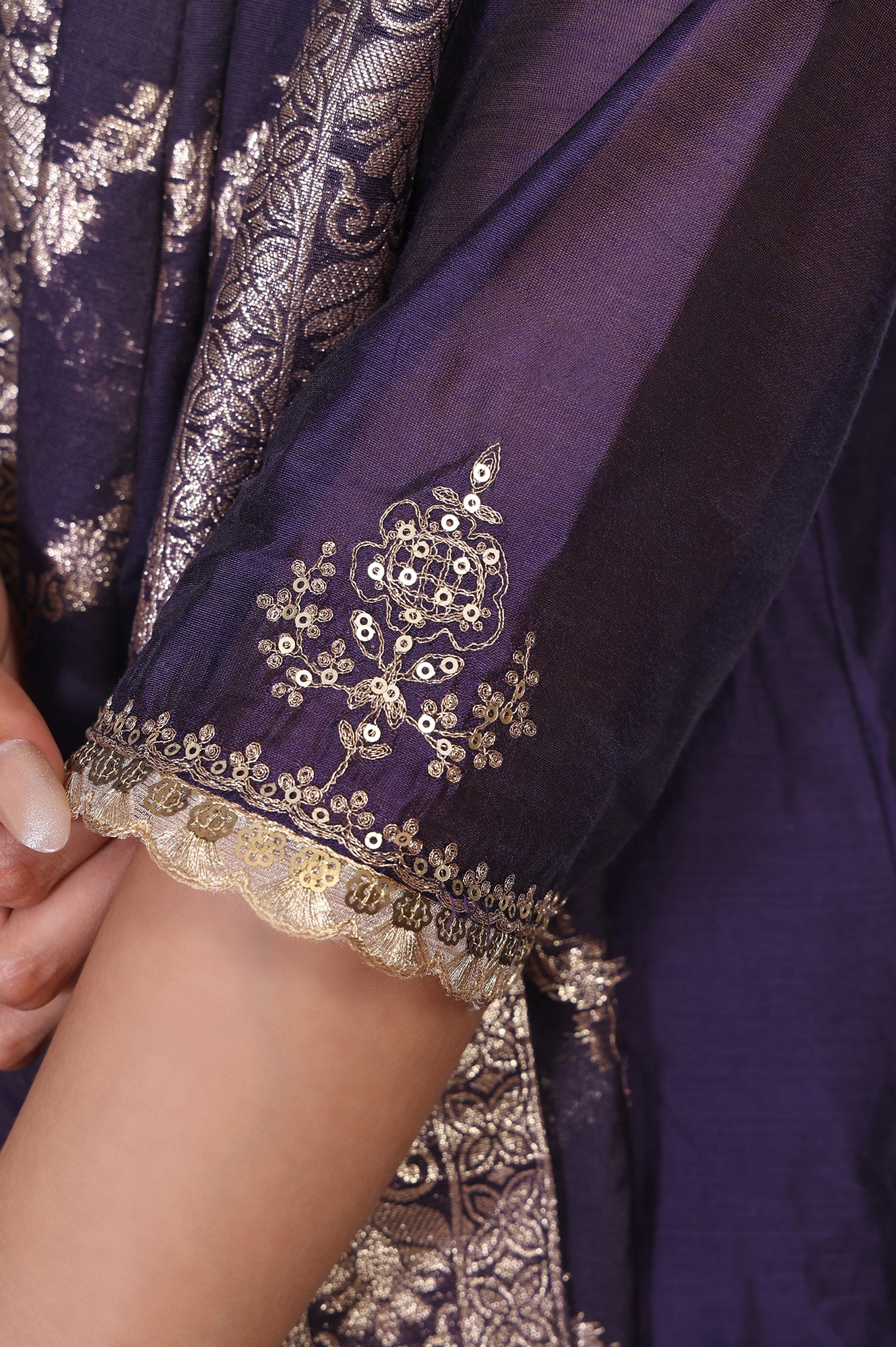 Purple Embroidered A-Line Chanderi Kurta with Flared Pant and Dupatta Set