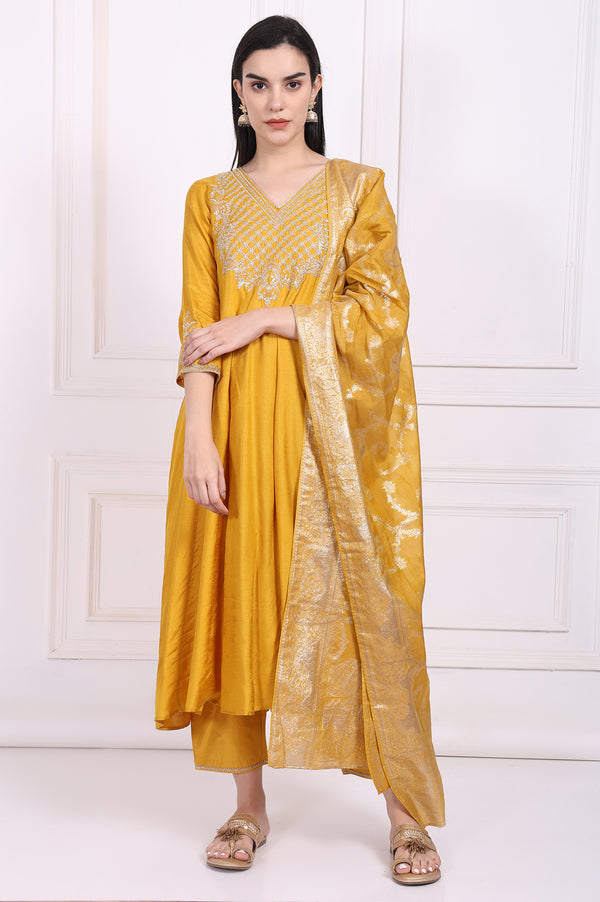 Yellow Embroidered Silk Flared Kurta, Straight Pants and Dupatta Set