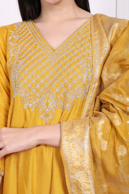Yellow Embroidered Silk Flared Kurta, Straight Pants and Dupatta Set