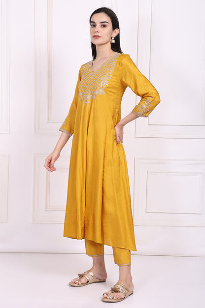 Yellow Embroidered Silk Flared Kurta, Straight Pants and Dupatta Set