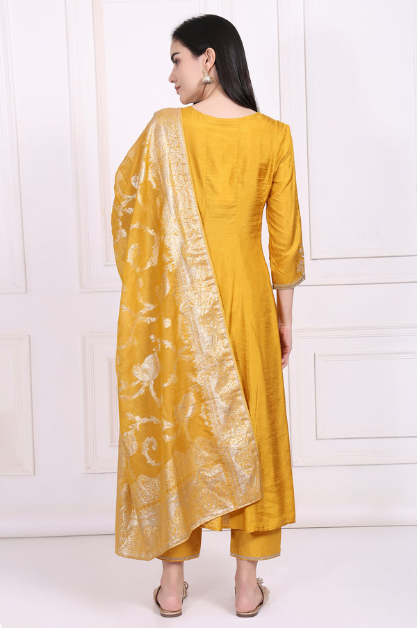 Yellow Embroidered Silk Flared Kurta, Straight Pants and Dupatta Set