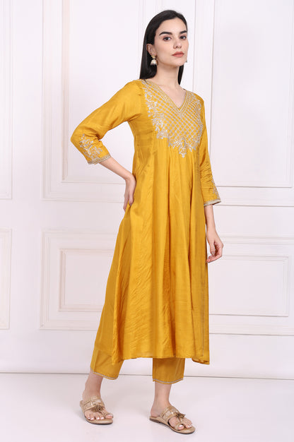 Yellow Embroidered Silk Flared Kurta, Straight Pants and Dupatta Set