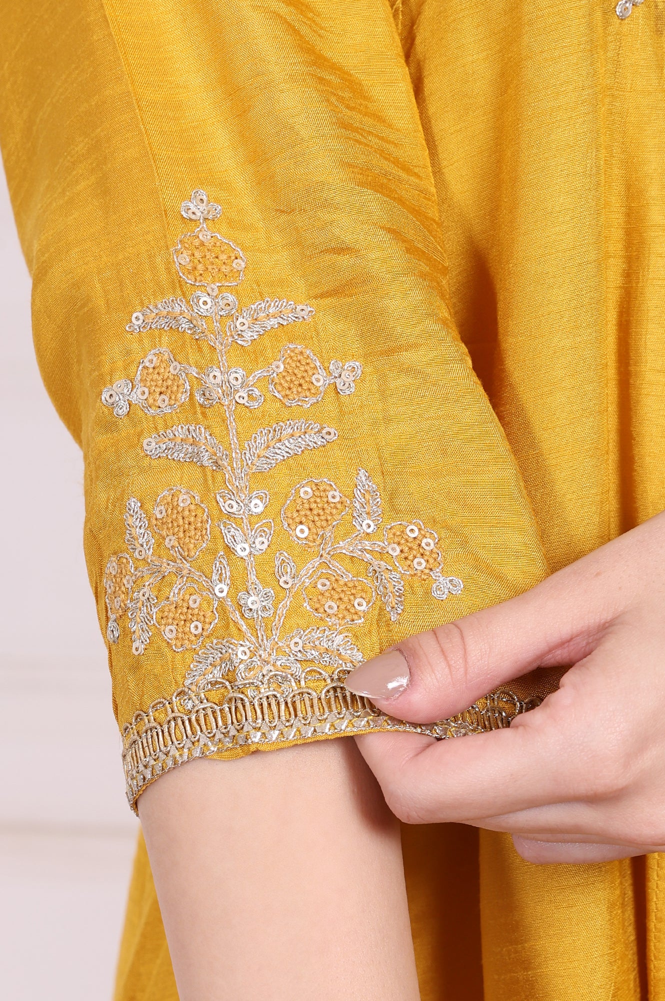 Yellow Embroidered Silk Flared Kurta, Straight Pants and Dupatta Set