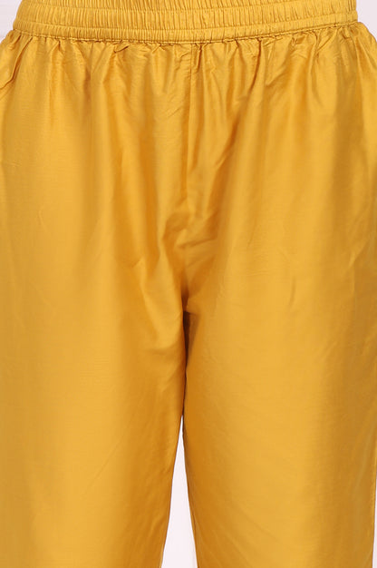 Yellow Embroidered Silk Flared Kurta, Straight Pants and Dupatta Set