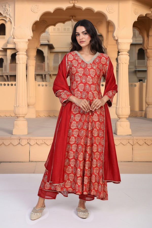 Red Floral Print Lace Detailing Flared Rayon Kurta with Pant and Dupatta Set