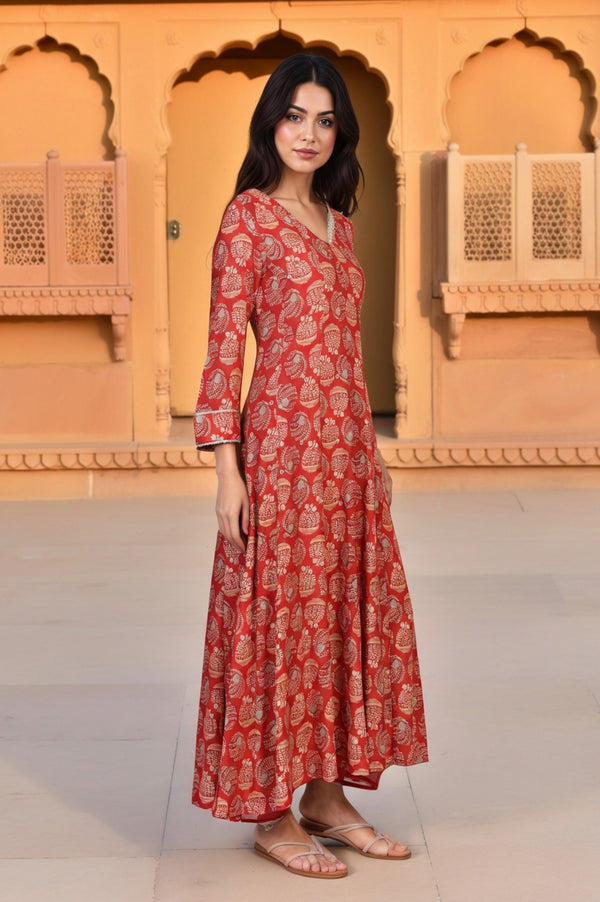 Red Floral Print Lace Detailing Flared Rayon Kurta with Pant and Dupatta Set