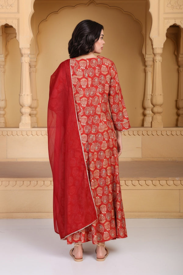 Red Floral Print Lace Detailing Flared Rayon Kurta with Pant and Dupatta Set