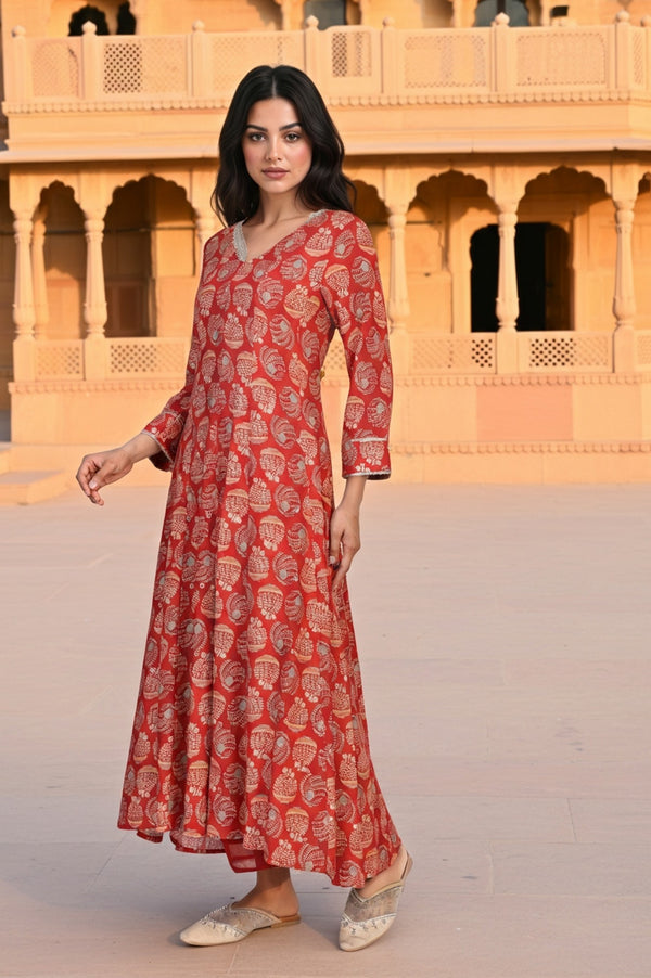 Red Floral Print Lace Detailing Flared Rayon Kurta with Pant and Dupatta Set