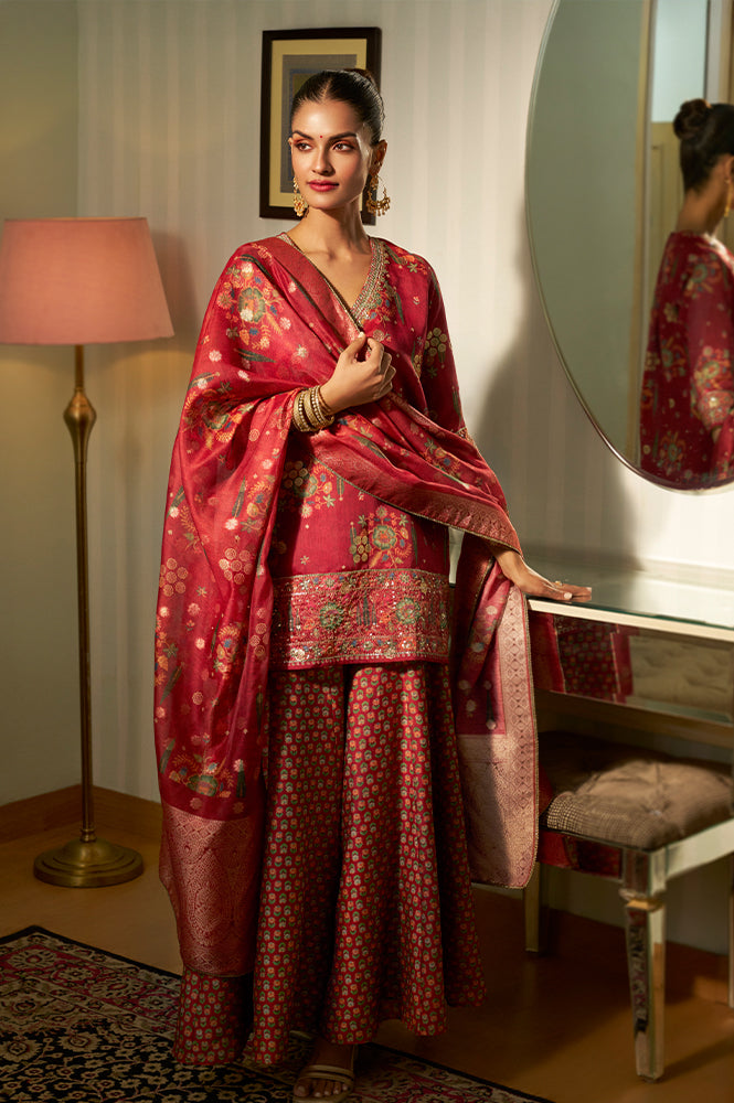 Red Embroidered Straight Jacquard Kurta with Sharara and Dupatta Set