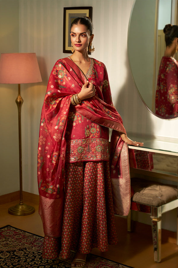 Red Embroidered Straight Jacquard Kurta with Sharara and Dupatta Set