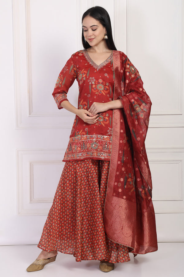 Red Embroidered Straight Jacquard Kurta with Sharara and Dupatta Set