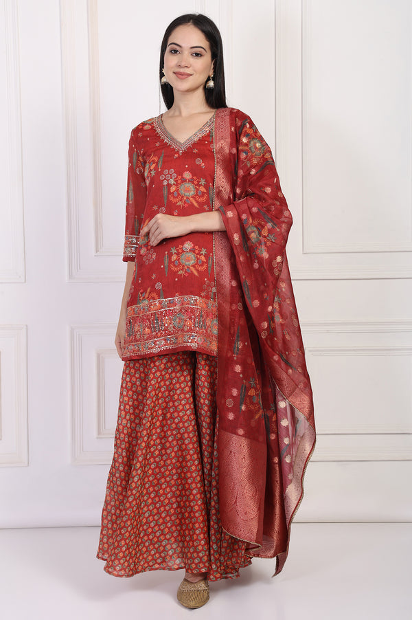 Red Embroidered Straight Jacquard Kurta with Sharara and Dupatta Set