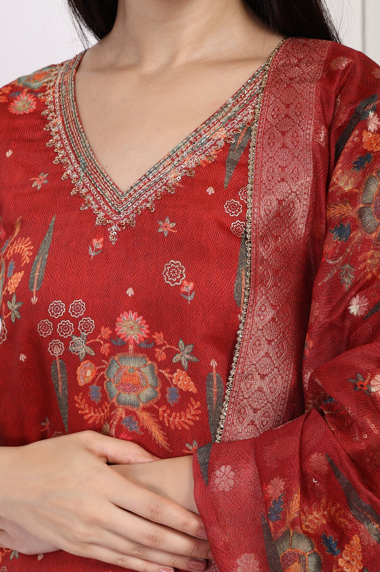 Red Embroidered Straight Jacquard Kurta with Sharara and Dupatta Set