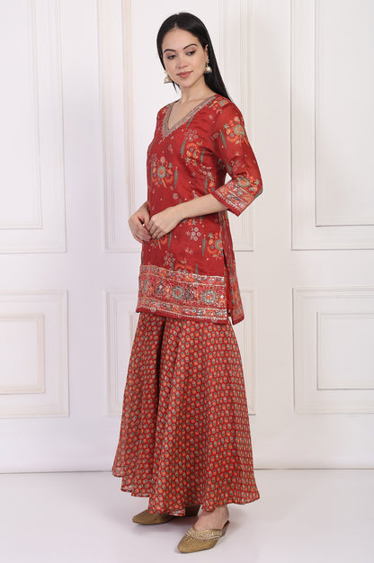 Red Embroidered Straight Jacquard Kurta with Sharara and Dupatta Set