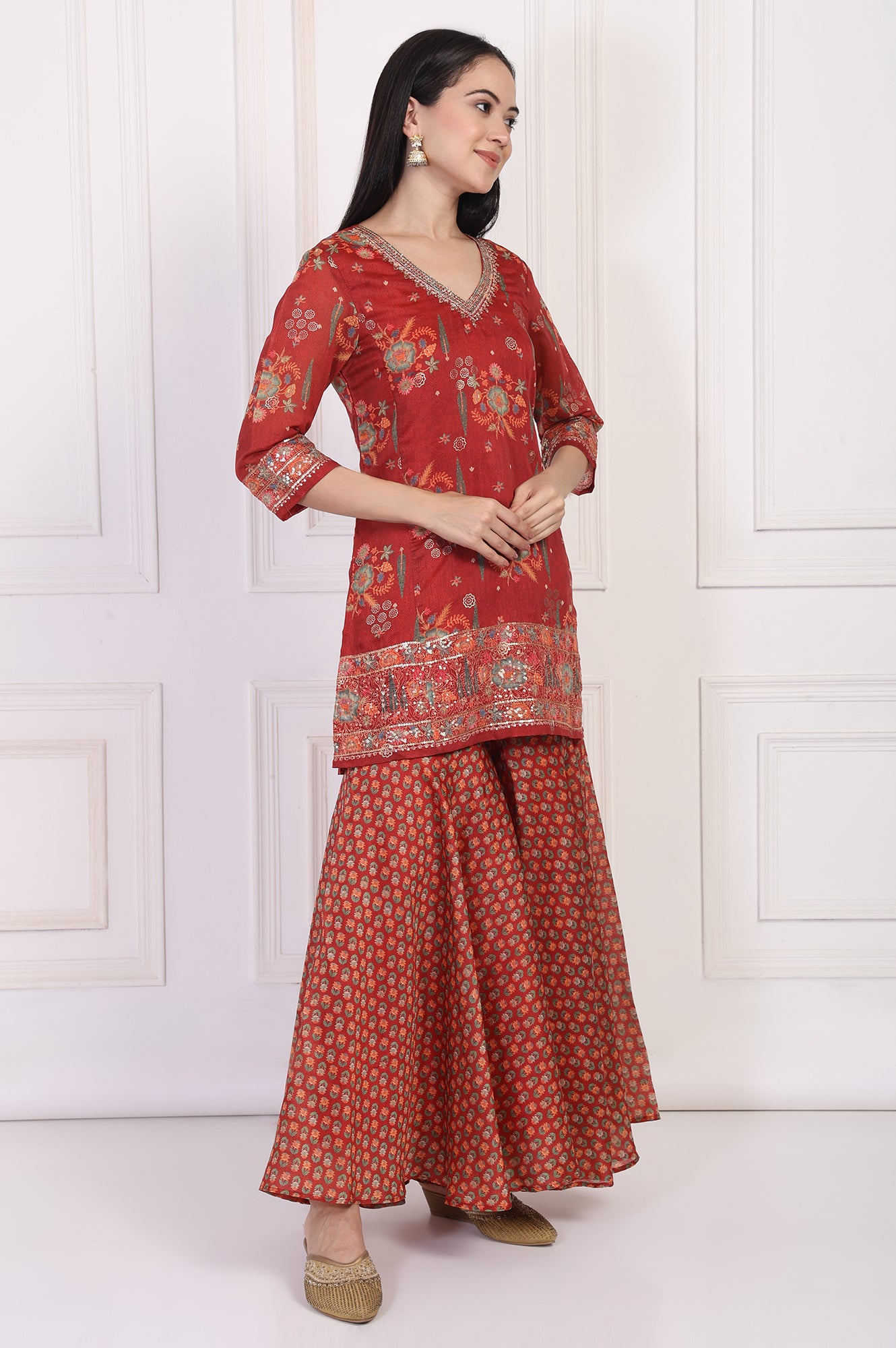 Red Embroidered Straight Jacquard Kurta with Sharara and Dupatta Set