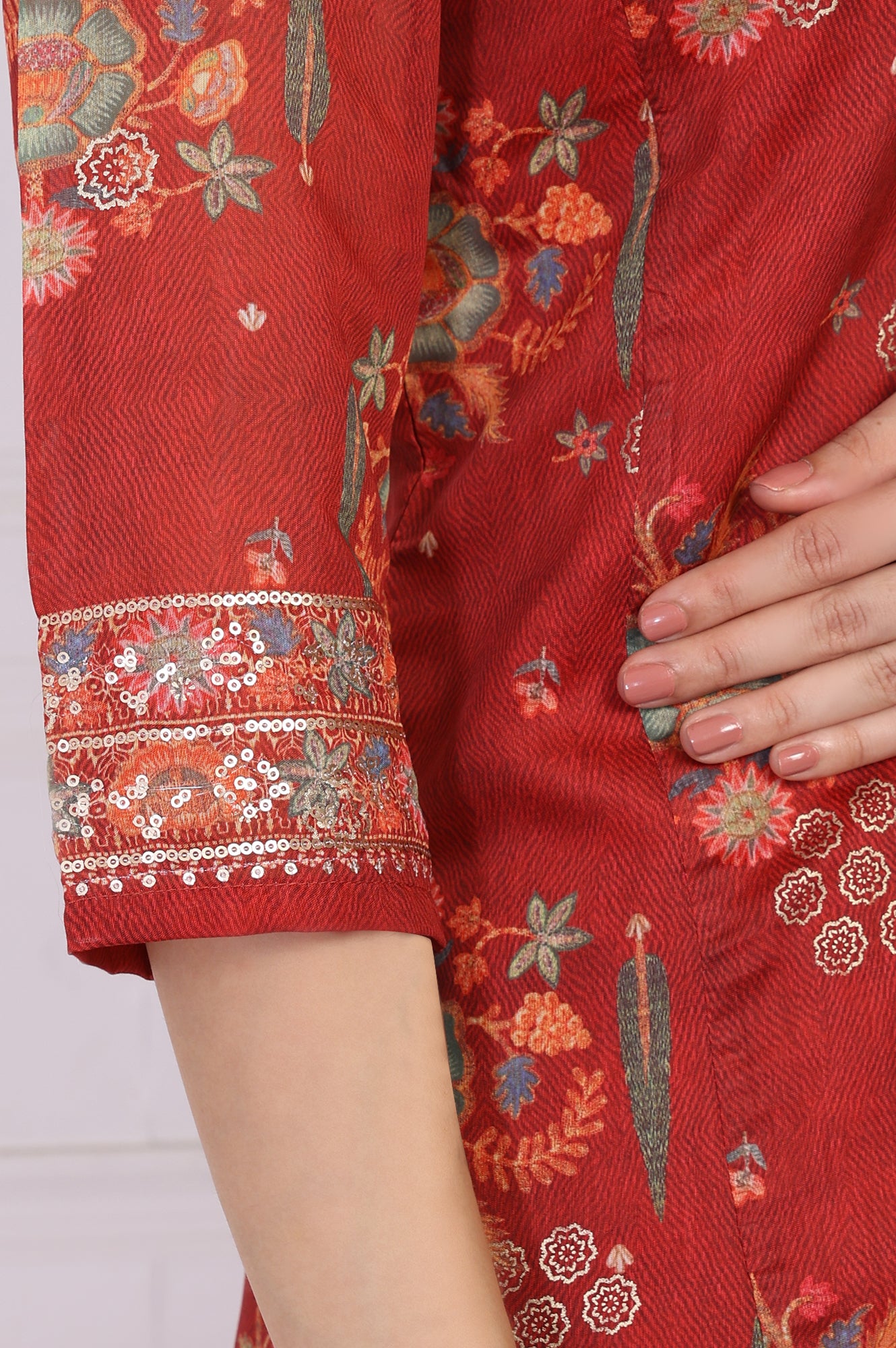 Red Embroidered Straight Jacquard Kurta with Sharara and Dupatta Set