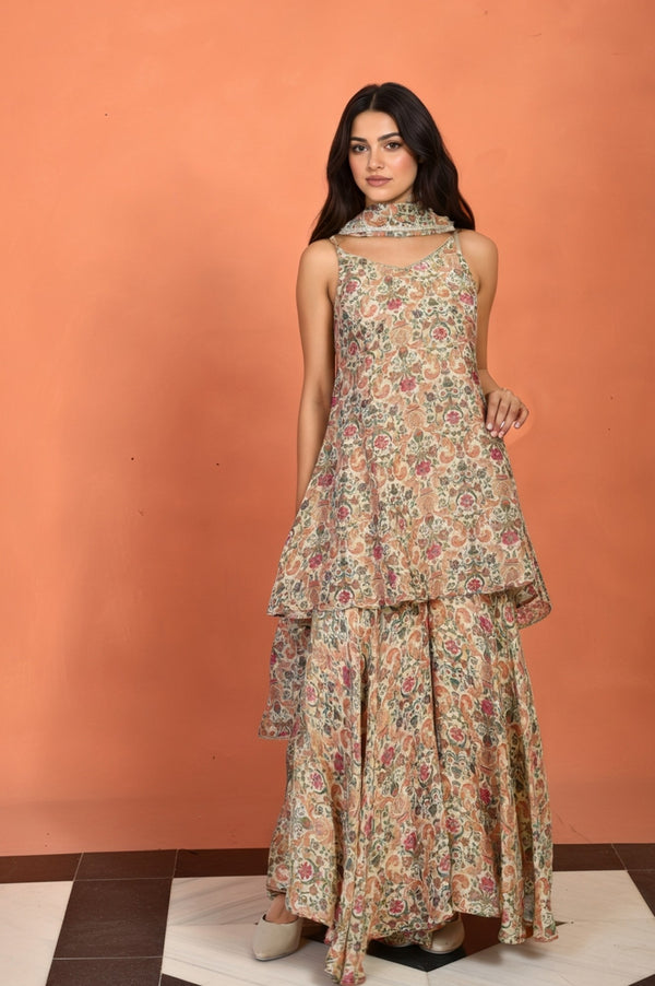 White Floral Print Tape Flared Tissue Kurta with Sharara and Dupatta Set